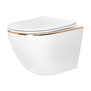 Set Bideu REA CARLO MINI si Vas WC REA CARLO MINI FLAT EDGE, Montaj suspendat, Ceramica sanitara, Capac Soft-Close inclus, Alb/Auriu - Img 3