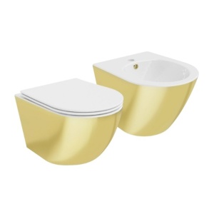 Set Bideu REA Lenacarlo MINI si Vas Wc REA Lenacarlo MINI, Montaj Suspendat, Ceramica Sanitara, Capac Slim cu inchidere lenta, Culoare Alb/Auriu