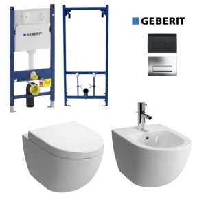 Set Bideu si Vas WC PRO GEBERIT, montaj suspendat, ceramica sanitara, Vas WC VERA Alfonzo RIMLESS + Bideu + Model Capac Soft-Close Inclus+Cadru+Clapeta - Img 1