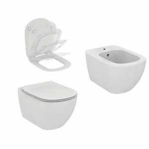 Set Bideu si Vas WC PRO GEBERIT, montaj suspendat, ceramica sanitara, Vas WC Ideal Standard Tesi AquaBlade + Bideu + Model Capac Soft-Close Inclus+Cadru+Clapeta - Img 4