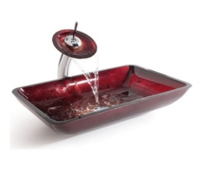 Set complet Chiuveta de blat PRO ERA GLASS si baterie, Dimensiuni 55 cm x 36 x 10 cm, Sticla temperata, Visiniu