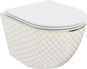 Set Vas Wc REA Lenacarlo Alb/Auriu, Tehnologie Rimless, Capac slim cu inchidere lenta
