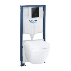 Set vas WC suspendat cu capac Grohe Euro Ceramic rezervor incastrat Solido 5 in 1 cu clapeta neagra Skate Cosmopolitan