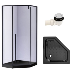 Cabina de dus BS07B Pentagonala 90x90cm, Negru+Cadita de dus SX07B, Culoare Negru