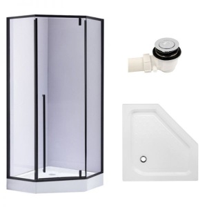 Cabina de dus Pentagonala BS07B, Dimensiune 90x90cm, Culoare Negru + Cadita de dus alba