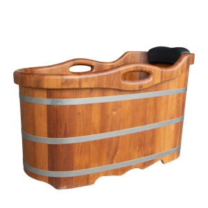 Cada de baie freestanding ovala din lemn, Cu scaun si tetiera, Dimensiuni 140x65x70 cm - Img 2