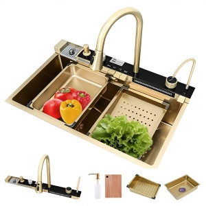 Chiuveta de bucatarie ARGOS multifunctionala, Dimensiune 75X46cm, Culoare Gold Steel, Termostat cu Display LCD - Img 1