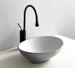 Lavoar De Blat PRO VERA SILVER, Dimensiuni 40,5 X 33 X 14 Cm, Montaj Pe Blat, Design Deosebit, Forma Ovala, Ceramica Sanitara, Alb / Argintiu - Img 7