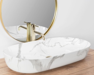 Lavoar De Blat REA CLEO 81 SHINNY MARMO, Dimensiuni 81 X 41 X 13.5 Cm, Design Deosebit, Forma Dreptunghiulara, Ceramica Sanitara, Alb/Gri - Img 3