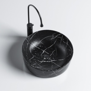 Lavoar pe blat, Fino, marmura ceramica negru cu model alb, Rotund 41,5cm - Img 9