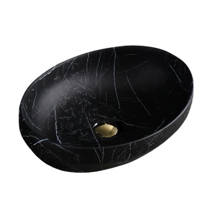 Lavoar pe blat, Lumo, marmura ceramica negru cu model alb, Oval 50x37.5x14.5cm - Img 3