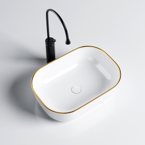 Lavoar pe Blat, Milo, Marmura Ceramica, Alb Lucios cu margine Gold Lucios , Dreptunghiular 45,5 x 32,5 x 13,5 cm - Img 9