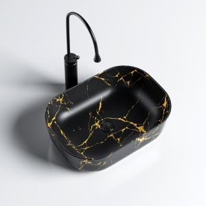 Lavoar pe Blat, Milo, Marmura Ceramica Negru Mat cu Model Auriu , Dreptunghiular 45,5 x 32,5 x 13,5 cm - Img 8