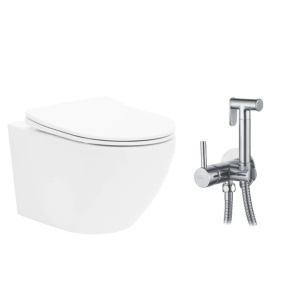 Pachet vas wc suspendat Rea Carlo Mini Basic, capac softclose si set dus igiena intima crom cu baterie incastrata Invena Bidetta - Img 1