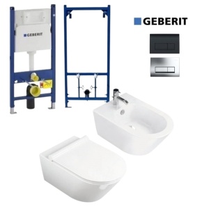 Set Bideu si Vas WC PRO GEBERIT, ceramica sanitara, Vas WC SONET RIMLESS + Bideu + Capac Soft-Close Inclus SLIM PREMIUM + Cadru + Clapeta - Img 1