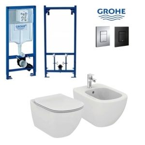 Set Bideu si Vas WC PRO GROHE , montaj suspendat, ceramica sanitara, Vas WC Ideal Standard Tesi AquaBlade + Bideu + Model Capac Soft-Close Inclus+Cadru+Clapeta