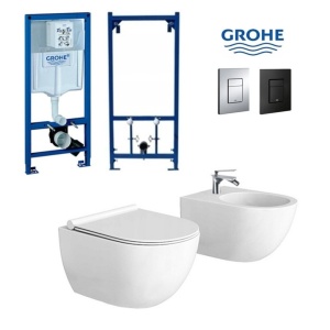 Set Bideu si Vas WC PRO GROHE, montaj suspendat, ceramica sanitara, WC VERONA Minerva RIMLESS+Bideu +Capac Soft-Close SLIM PREMIUM +Cadru+Clapeta - Img 1