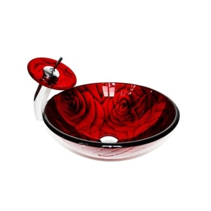 Set Complet Chiuveta De Blat PRO ERA GLASS Si Baterie , Dimensiuni 42 x 42 X 14 Cm, Forma Rotunda, Sticla Temperata, Rosu, Imprimeu Trandafiri