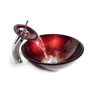 Set complet Chiuveta de blat PRO ERA GLASS si baterie, Forma rotunda, Dimensiuni 42 cm x 42 x 14 cm, Sticla temperata, Visiniu