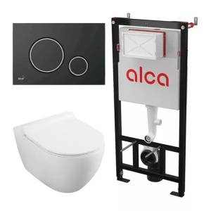 Set rezervor WC cu cadru incastrat Alcadrain AM101/1120 si clapeta M778 negru plus vas WC Fluminia Minerva cu capac softclose alb - Img 1