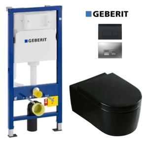 Set Vas WC PRO GEBERIT, Montaj Suspendat, Ceramica Sanitara, Vas WC LORENT BLACK RIMLESS + Capac Soft-Close Inclus + Cadru + Clapeta