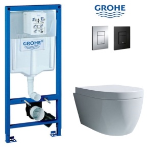 Set Vas WC PRO GROHE, Montaj Suspendat, Ceramica Sanitara, Vas WC LAURA RIMLESS + Capac Soft-Close Inclus + Cadru + Clapeta