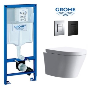 Set Vas WC PRO GROHE, Montaj Suspendat, Ceramica Sanitara, Vas WC SONET RIMLESS + Capac Soft-Close Inclus + Cadru + Clapeta