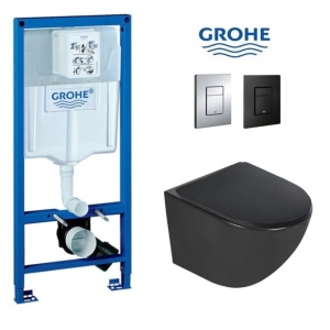 Set Vas WC PRO GROHE, Montaj Suspendat, Ceramica Sanitara, Vas WC VITO BLACK MAT RIMLESS + Capac Soft-Close SLIM PREMIUM +Cadru+Clapeta