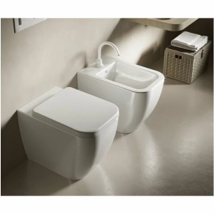 Set vas wc si bideu pe pardoseala Hatria Bianca Rimless BackToWall cu capac soft close