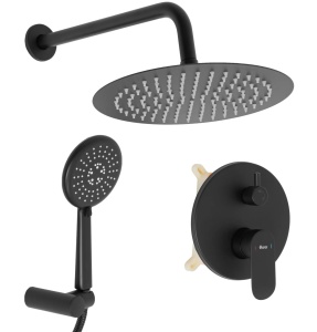 Sistem Complet De Dus REA HYPER BLACK MATT + BOX, Montaj In Perete, Para Rotunda Tip Ploaie 25x25 Cm, 2 Functii De Curgere A Apei, Auriu