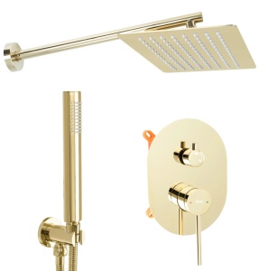 Sistem Complet De Dus REA OVAL BOX GOLD, Montaj In Perete, Para Dreptunghiulara Tip Ploaie 20x30 Cm, 2 Functii De Curgere A Apei, Auriu