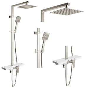 Sistem De Dus Cu Suport Pentru Produse Ingrijire Personala REA LUCAS Crom, Montaj Pe Perete, Para Tip Ploaie 20x20 Cm, 2 Functii,Finisaj Crom
