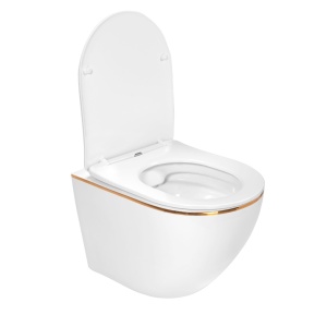 Vas WC REA CARLO Gold Edge, suspendat, ceramica sanitara, 49 x 37, Capac Soft-Close Inclus, Design Unic, Auriu - Img 3