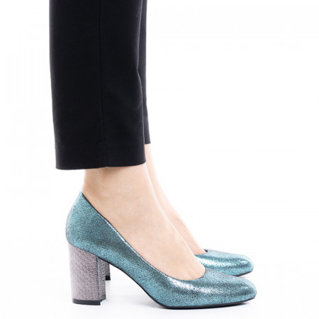 Pantofi dama cu toc mediu din material deosebit Catarina albastru