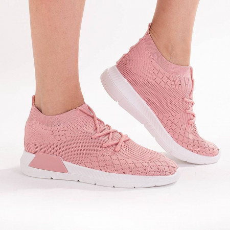 Sneakers trendy din material textil cu siret Crissy pink
