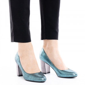 Pantofi dama cu toc mediu din material deosebit Catarina albastru - Img 2