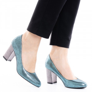 Pantofi dama cu toc mediu din material deosebit Catarina albastru - Img 3