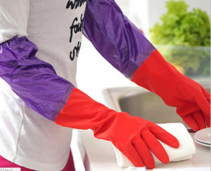 Guanti da apicoltore in gomma rossa con polsino viola e fodera interna