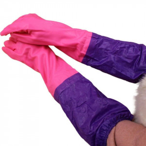 Guanto da apicoltore in gomma rosa con polsino viola e fodera interna