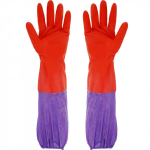 Guanti da apicoltore in gomma rossa con polsino viola e fodera interna