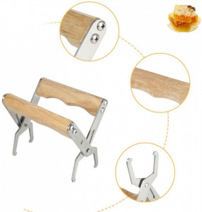 Pinza per apicoltura per il sollevamento di telaini in acciaio inox con manico in legno
