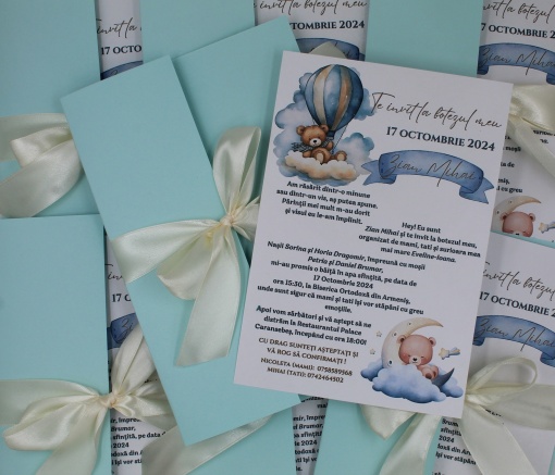 Invitație Botez Blue Marin cu Fundiță Crem