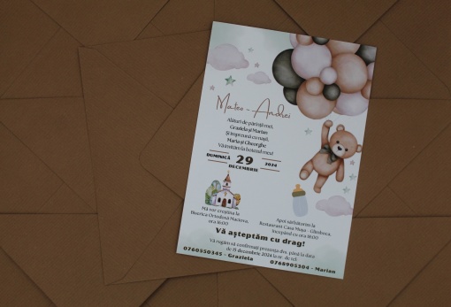 Invitație Botez Ursuleț cu Plic Maro
