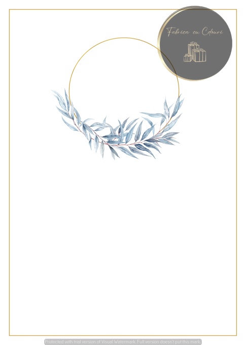 Invitație minimalistă albă cu ramă aurie și ramură albastră