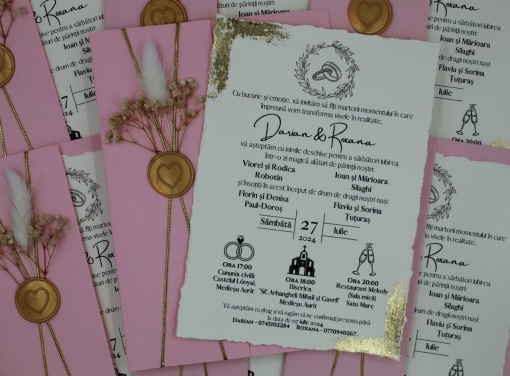 Invitație Nuntă " Carton Roz și flori"