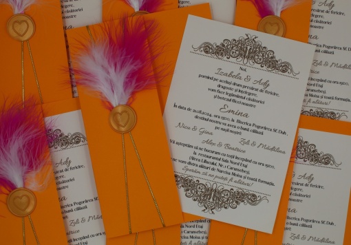 Invitație Nuntă " Pene Albe si Fucsia "