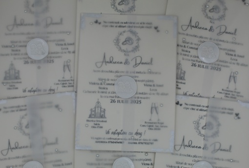 Invitație Nuntă Sidefată cu Plic Vellum, Sigiliu Alb și Perle Decorative