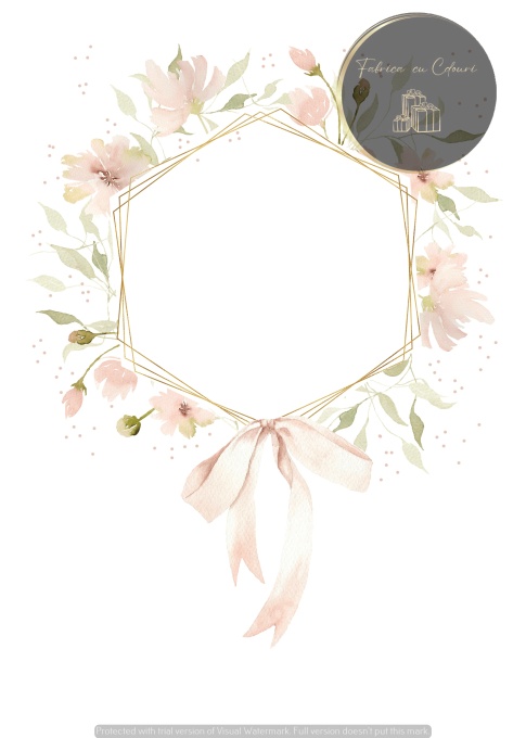 Invitație pastel cu ramă hexagonală și fundiță roz