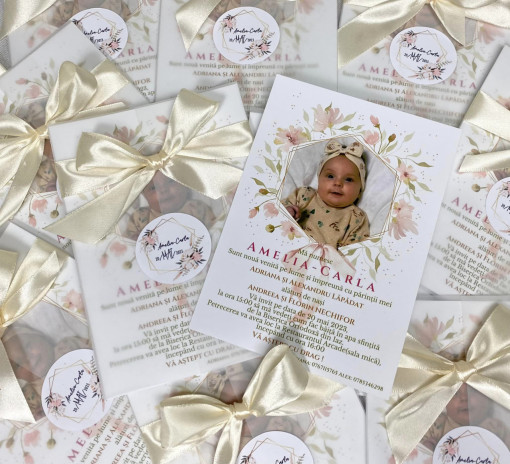 Invitație botez cu fontiță și sticker personalizat
