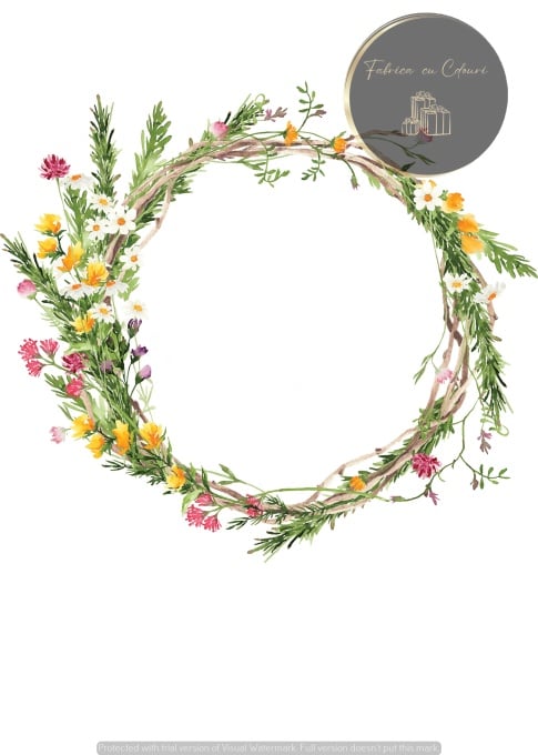 Invitație rustică cu coroniță florală rotundă pe fundal alb